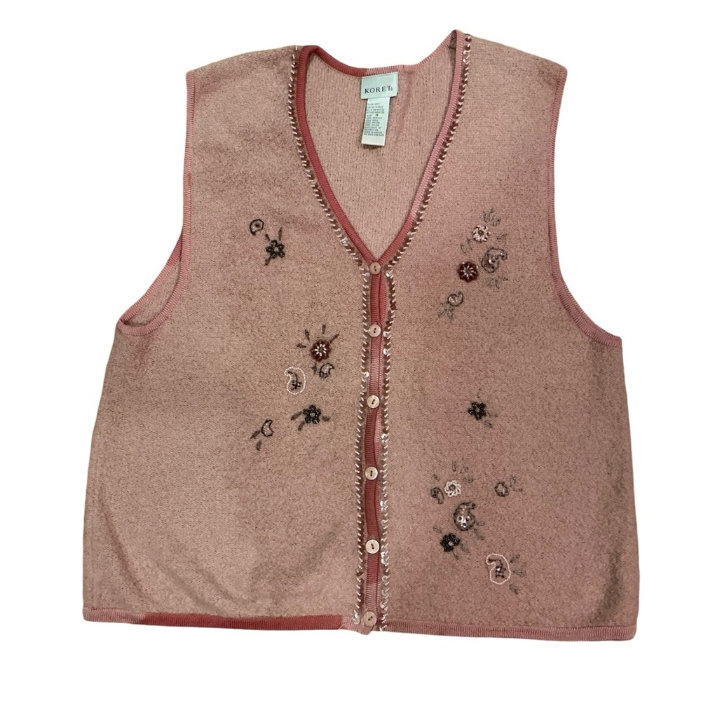 Vintage Koret 1990s sweater vest wool blend sequins beads size medium pink blush